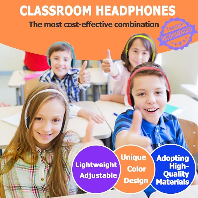100 Pack Classroom Headphones Bulk for Students Kids Boys Girls Teens, Wholesale Wired Multi Color 3.5mm On Ear Headphones for Chromebook Laptop PC Computer