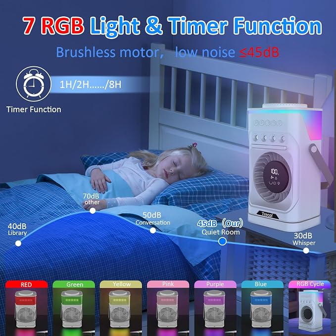 Portable Air Conditioner Fan, 10000 mAh Rechargeable Desk Fan, 900ML Misting Fan with 3 Spray Levels, 120° Rotation, 10 Wind Speeds & 7-Color Light Personal Cooling Fan for Home, Office, Camping