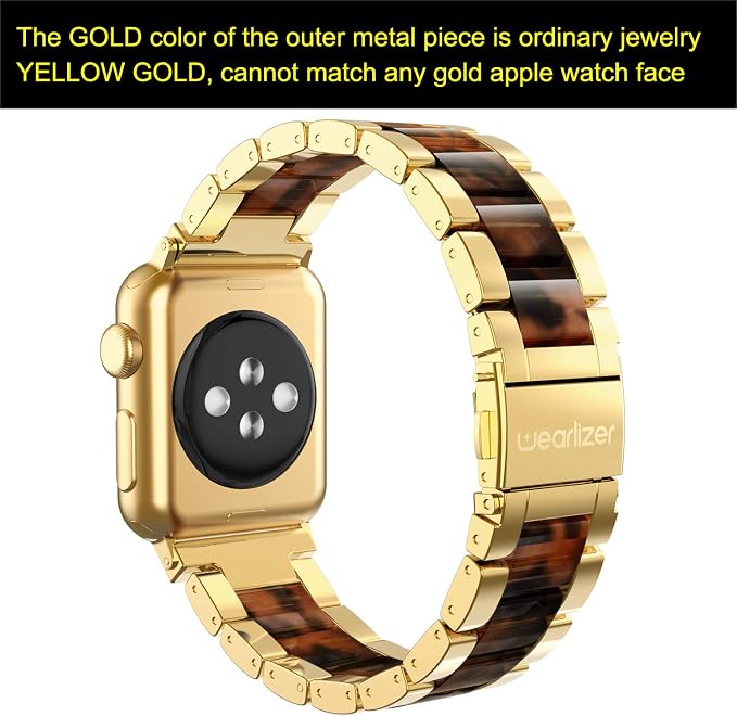Wearlizer Compatible with Apple Watch Band 42/44/45/46/49mm Replacement Womens Mens Wristbands Gold Stainless Steel Tortoise Resin Strap Metal iWatch Series 11 10 9 8 7 6 5 4 3 SE/Ultra 3 2 1