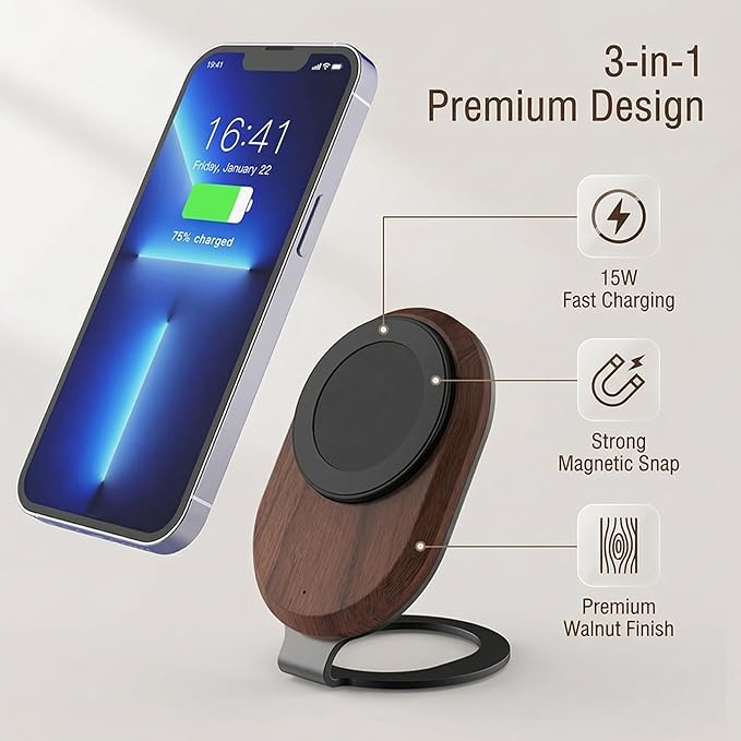 Solid Wood Wireless Charger Stand, 15W Magnetic Wireless Charging Dock (No Adapter Included), Compatible with MagSafe for iPhone 12-17 Series, Fast Charging for Home & Office, Gift for Men