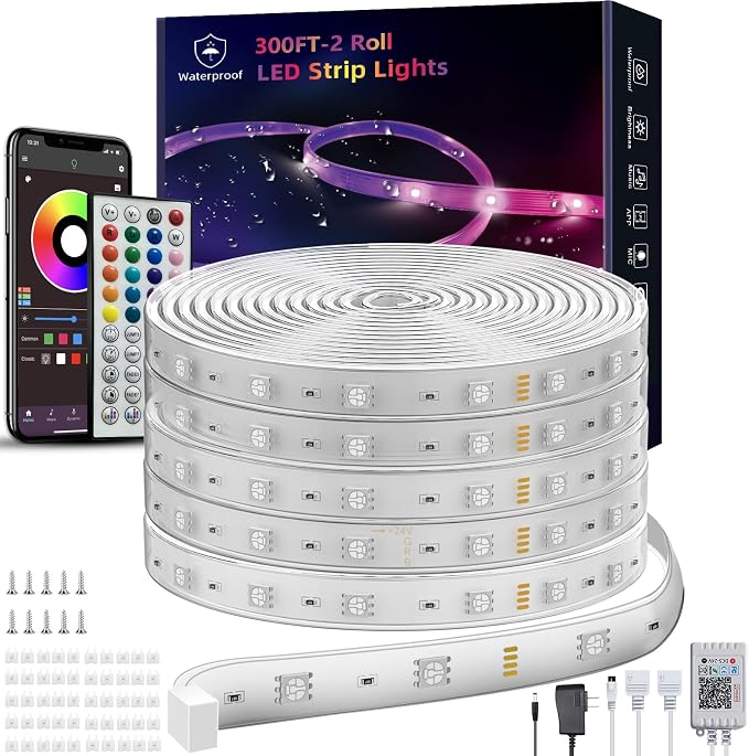 Ledagic 300ft Outdoor Led Strip Lights Waterproof, Ip68 Outside Led Light Strip Waterproof with Remote and App Control, Exterior Led Rope Lights Music Syne RGB Strip Lights for House Decor (2*150ft)