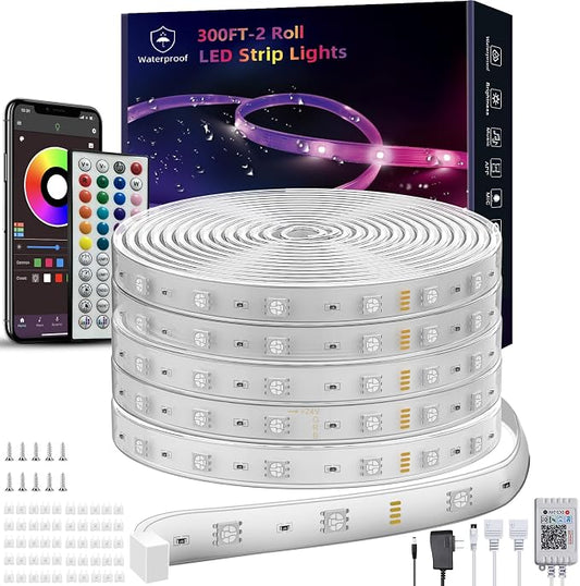 Ledagic 300ft Outdoor Led Strip Lights Waterproof, Ip68 Outside Led Light Strip Waterproof with Remote and App Control, Exterior Led Rope Lights Music Syne RGB Strip Lights for House Decor (2*150ft)