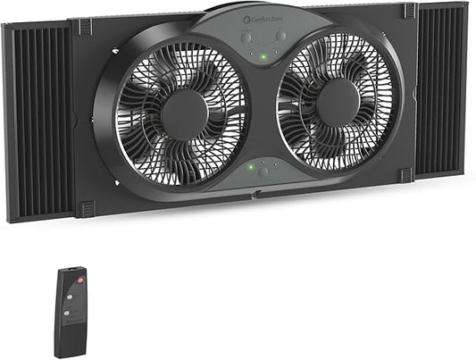Comfort Zone 9-Inch Reversible Twin Window Fan with Remote Control – 3-Speed Dual Blade Fan with Exhaust, Cooling & Circulate Modes, Expandable Width 23.5" to 37", Removable Bug Screen & Tabletop Feet