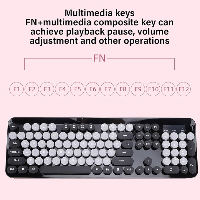 Wireless Keyboard and Mouse Combo, 2.4GHz Plug and Play with Retro Typewriter Style Round Keycaps, 104 Keys with Numeric Pad, for PC Laptop Desktop (Black)