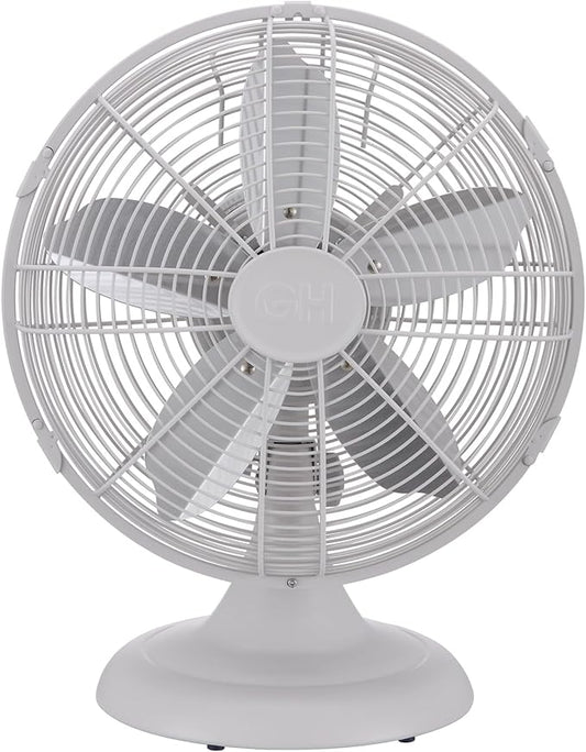 Good Housekeeping 92602 All-Metal 12" Retro Desk Office Table Fan with Wide Oscillation, 3-Speed Settings & Carrying Handle, Matte White