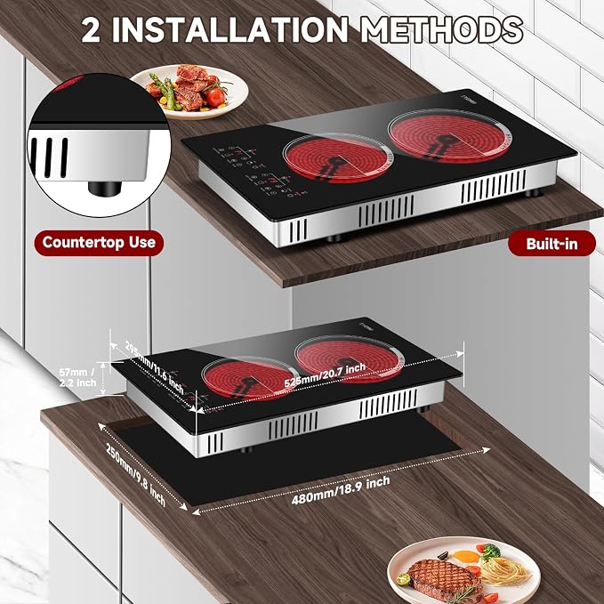 Double Burner Electric Cooktop Plug in 2000W, 110V~120V Countertop Stove, Electric Stove 2 Burner for Cooking, 110 volt Kitchen Stove 12inch Built-in Countertop with Timer, Peak, Pause