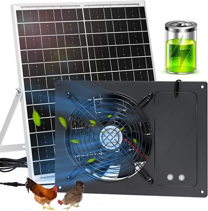 25W Solar Exhausted Fan with Battery, 2 Wind Speed, IP65 Waterproof 7.1" Solar Powered Ventilation Fan for Chicken Coop, Greenhouse, Shed and Dog House