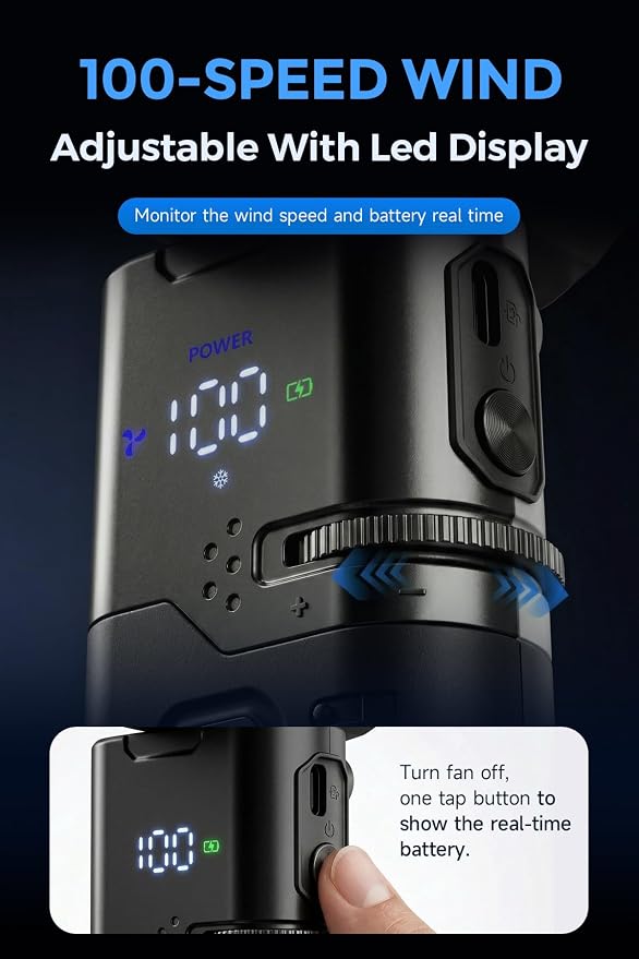 Portable Handheld Turbo Fan with Cooling Plate and Retractable USB-C Cable, 6000mAh Rechargeable, Powerful 100-Speed Wind, LED Display,135° Adjustable, Summer Essential for Travel/Outdoor/Office