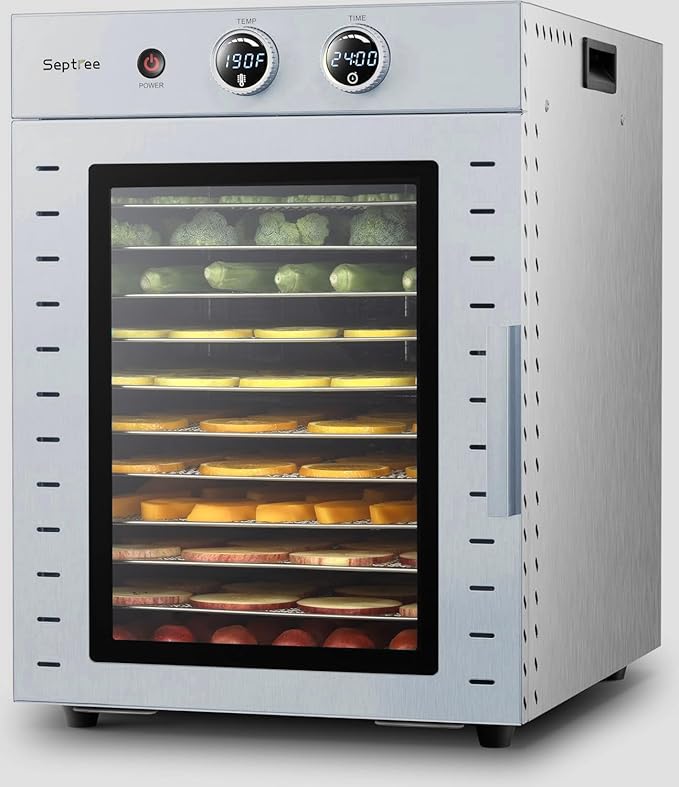 Food Dehydrators Machine with 12 Stainless Steel Trays with Timer Setting Temperature Adjusted 68 ℉ to 194 ℉ Dryer for Herb Fruit Meat Vegetables Mushroom Beef for Commercial Household Pitch Black