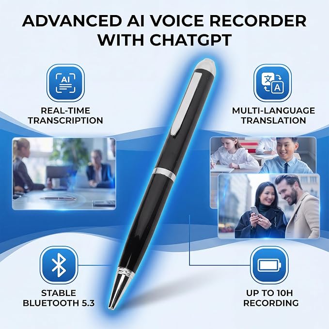Intelligent Transcription Voice Recorder Pen, 5.3 AI Real Time Translation Language Learning Assistant, for Business Meeting Learning (128GB)