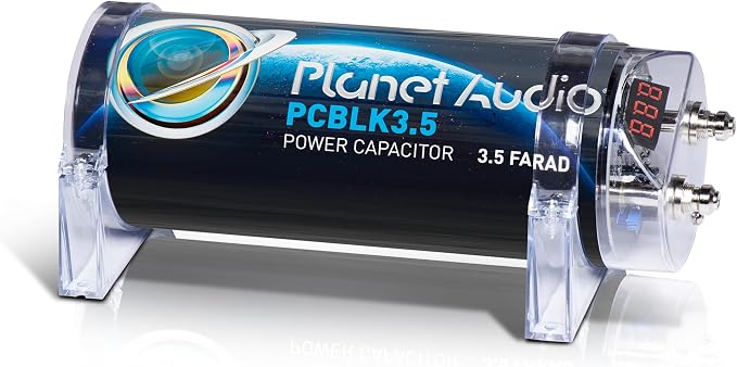 Planet Audio PCBLK3.5 Car Capacitor – 3.5 Farad, Energy Storage, Enhance Bass from Stereo, Warning Tones, LED Voltage Meter