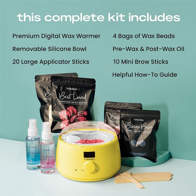 KoluaWax Premium Waxing Kit for Women - Beginner Friendly - Complete Wax Kit that includes 14oz of Wax Beads, Applicator, Pre and Post Care, Suitable for Sensitive Skin (Sun)