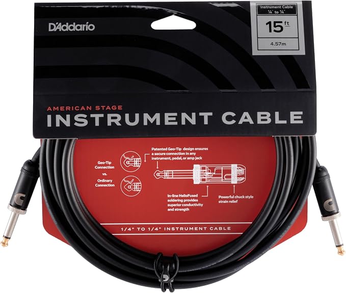 D'Addario Guitar Cable - American Stage - Made in the USA - Geo Tip for Secure Connection - 1/4 Inch Male to 1/4 Inch Male - 15 Feet - Straight Ends - 1 Pack