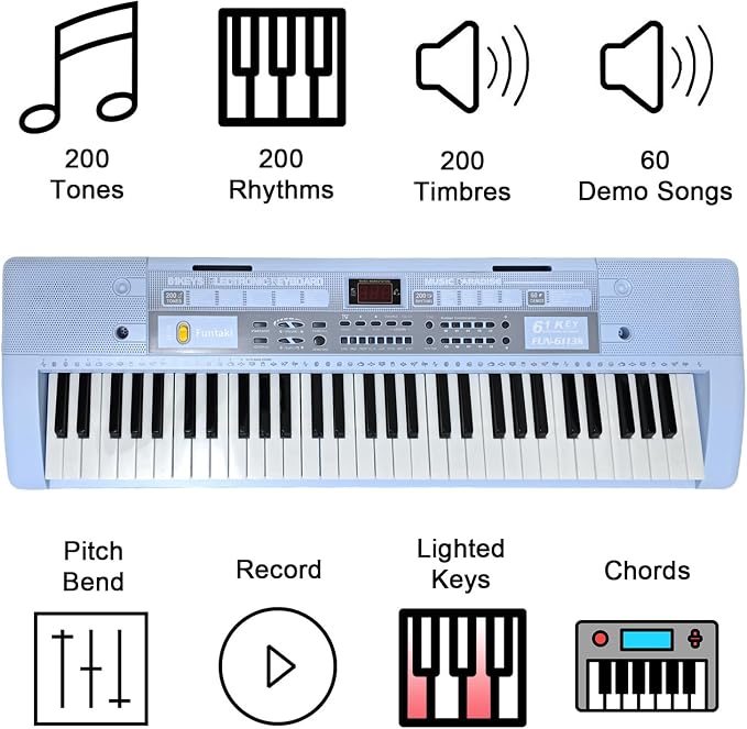 61 Key Electronic Keyboard Piano with Lighted Up Keys, Musical Mini Keyboard Piano with keyboard stand, Digital Portable Synthesizer Keyboards for Beginners Kids Adults (Blue)