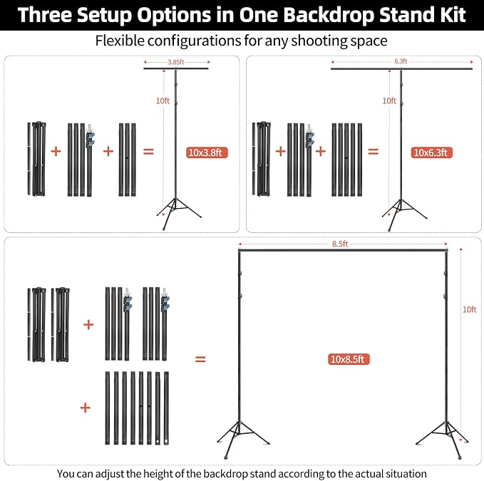 Hemmotop Photo Backdrop Stand 10x8.5ft(WxH), Heavy Duty Background Stand with 2 Sandbags, 2-in-1 T-Shape Photography Backdrop Stands for Party, Photo Booth, Balloon, Projector Screen, Wedding