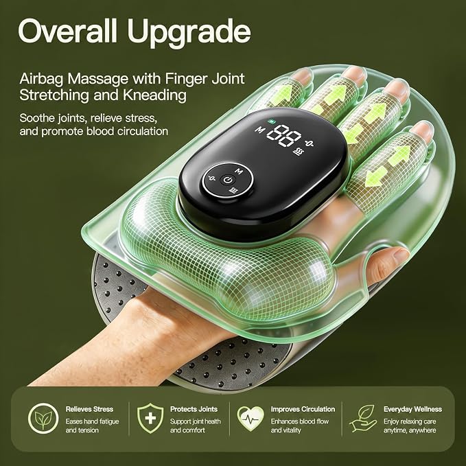 Hand Massager with Heat and Compression, Finger Stretch&Knuckle Stretching, 4 Massage & 5 Compression & 3 Temperatures Modes, Gifts for Women Men (Green)