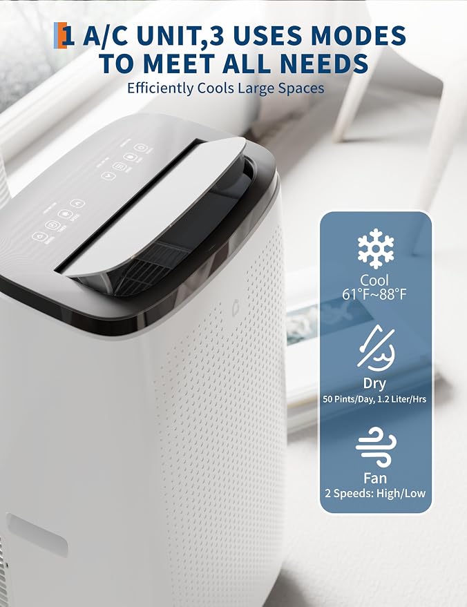Garvee Portable Air Conditioners 14000 Btu, Remote Control, Dehumidifier, Fan with Digital Display, Up to 750 Sq.ft Cool/Fan/Dry/Sleep, Quiet, LCD Remote, Fast Cooling, Dust Filter