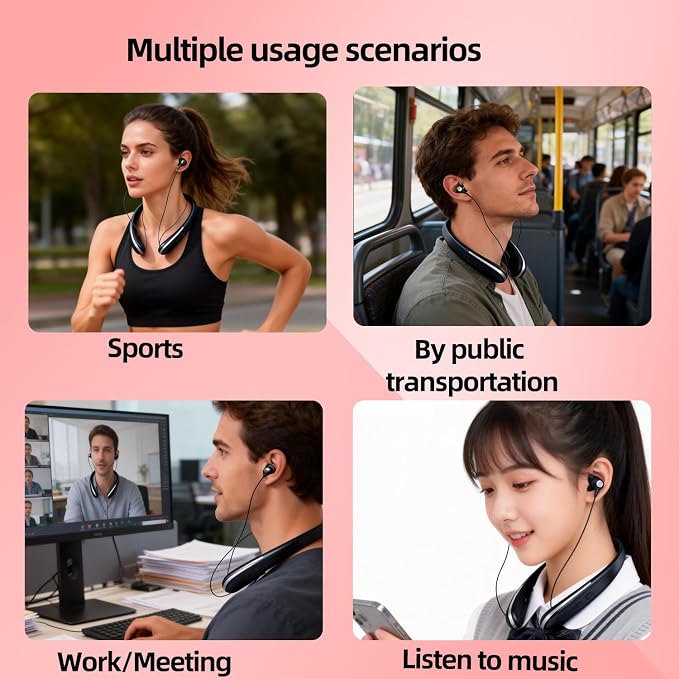 Bluetooth Headphones Neckband, Retractable Headset Wireless Sports Earbuds Noise Cancelling Stereo Earphones with Microphone, IPX5 Sweatproof, Compatible with iPhone Android (Black)