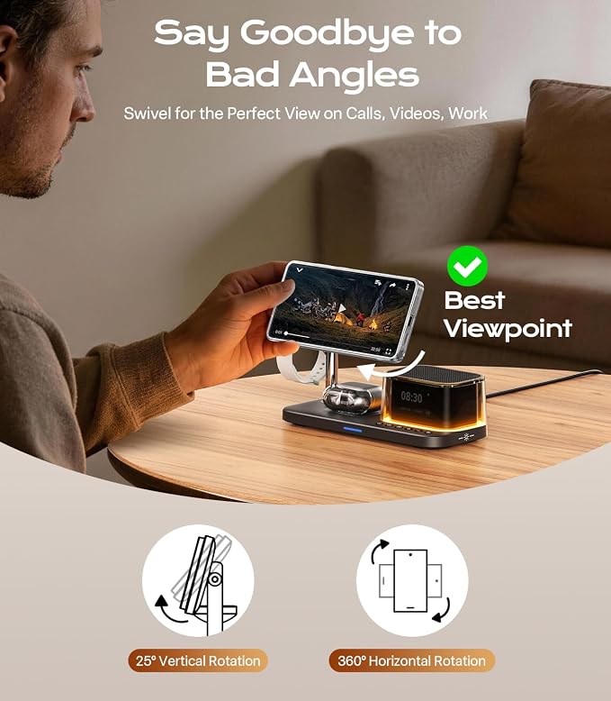 Meifigno 25W 5 in 1 Charging Station for Galaxy S26 Ultra with Bluetooth Speaker/Alarm Clock/Night Light, Qi2.2 Fast Magnetic Wireless Charger with 45W Adapter for S26/Z Fold7, for Galaxy Watch 8/Buds
