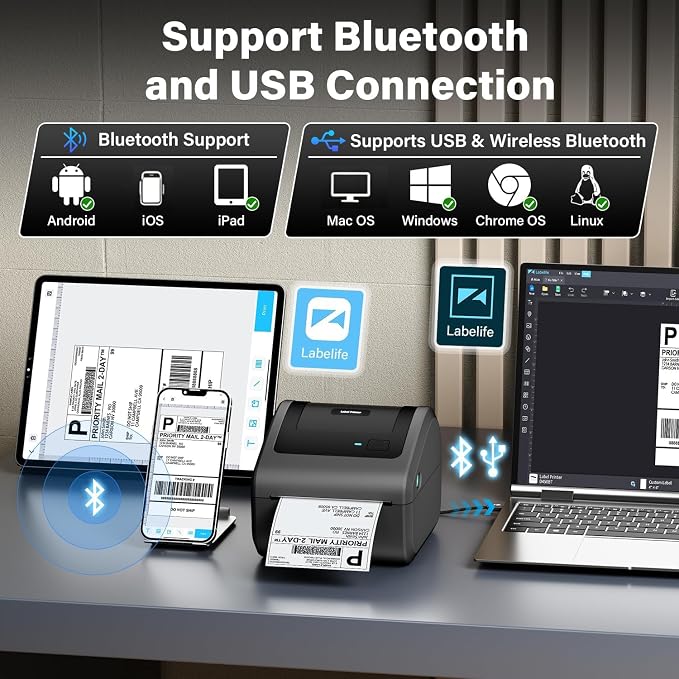 D450BT Bluetooth Shipping Label Printer & 250Pcs*2 4x6 Roll Thermal Labels, Wireless Label Printer for Small Business, Thermal Printer for Shipping Labels