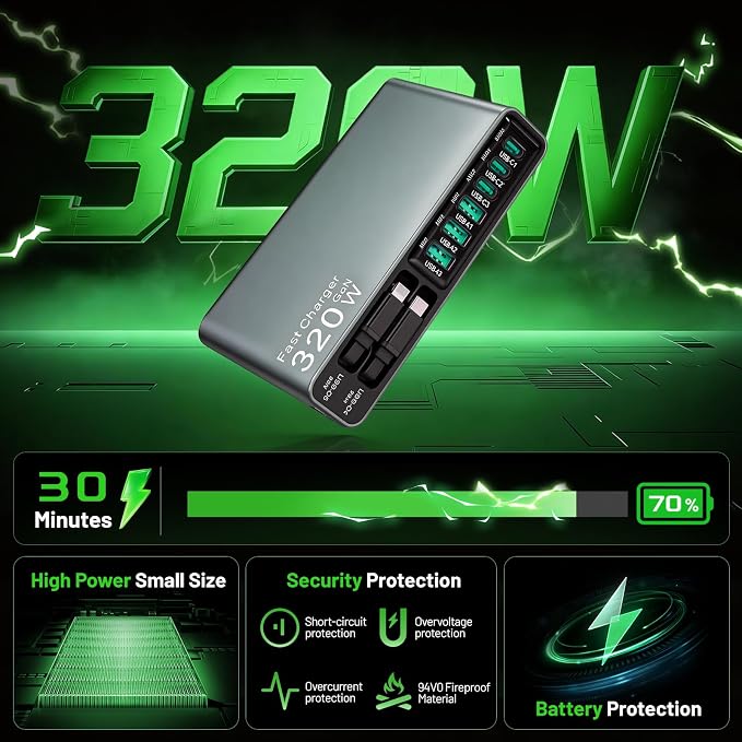 X-Star 320W 8-Port Retractable USB C Charger Block Charging Station,Upgraded GaN3.0 PD 100W Desktop Laptop Chargers,Fast Multiple USB Charging Hub for MacBook Pro/Air,iPad,Galaxy, iPhone17/16/15 etc