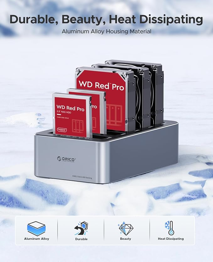ORICO USB C 5 Bay Hard Drive Cloner/Duplicate Hard Drive Docking Station Aluminum USB 3.2 Gen 1 for 2.5''/3.5'' SSD HDD Up to 20TB-6656C3