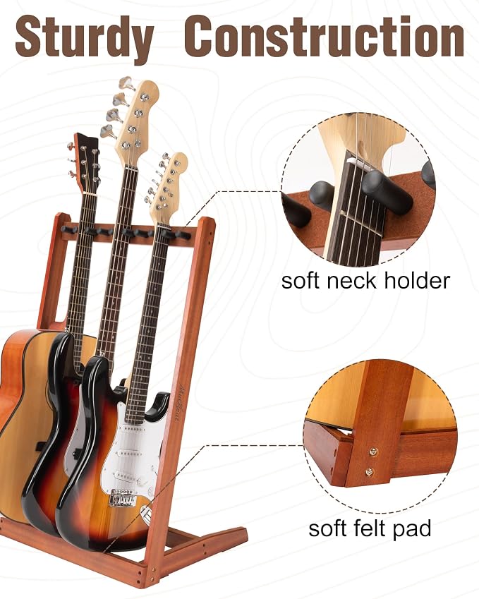Multiple Guitar Stand, Mahogany Wood Multi Guitar Stand for 3 Acoustic, 5 Electric or 5 Bass, Hardwood Instrument Rack for Men, Wooden Floor Instrument Racks for Home Decor, Studio Display