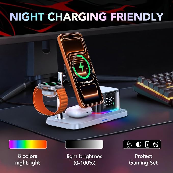 Alarm Clock with Wireless Charging,7 in 1 Charging Station with Night Light,Bluetooth Speakers,Qi2.2 25W Magnetic Charger for iPhone 17 16 15 14 13 12 Pro Max Plus Apple Watch Airpods,Bedroom