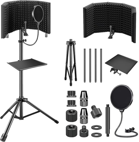 Aokeo Studio Recording Microphone Isolation Shield with Pop Filter & Tripod Stand,High Density Absorbent Foam to Filter Vocal,Foldable Sound Shield for Blue Yeti and Condenser Microphones
