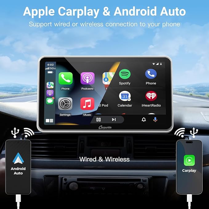 Carpuride Portable Wireless CarPlay Screen for Car- 7 Inch Car Play Screen Compatible with Android Auto and Apple CarPlay - Multimedia Player, Bluetooth, Navigation Screen for All Vehicles