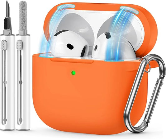 for AirPods 4 Case 2024 Come with Cleaner Kit,Soft Silicone Protective Cover for Apple AirPods 4th Generation Cases with Keychain,Compatible with AirPod 4 Case for Women Men-Magnetic Orange