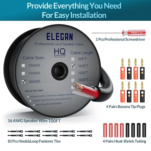 Elecan Pro Series 16/2 Outdoor Speaker Wire Cable 100 Ft 16 Gauge AWG with Tool Kits-Direct Burial in Wall CL3 CL2 Rated-PVC Jacket&Film&Cotton for Home Theater,Car Audio Speaker,Stereos-Black