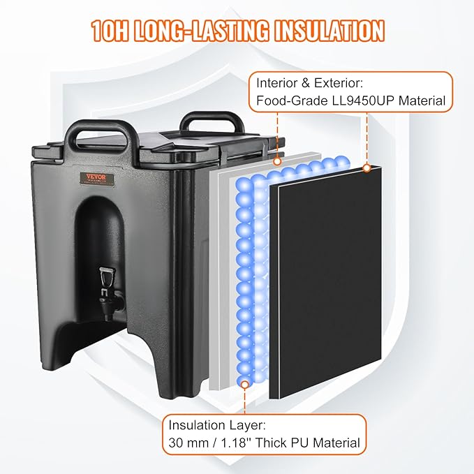 VEVOR Insulated Beverage Dispenser, 10 Gallon, Food-grade LL9450UP Hot and Cold Beverage Server, Thermal Drink Dispenser Cooler with 1.18 in PU Layer Two-Stage Faucet Handle, for Restaurant Drink Shop