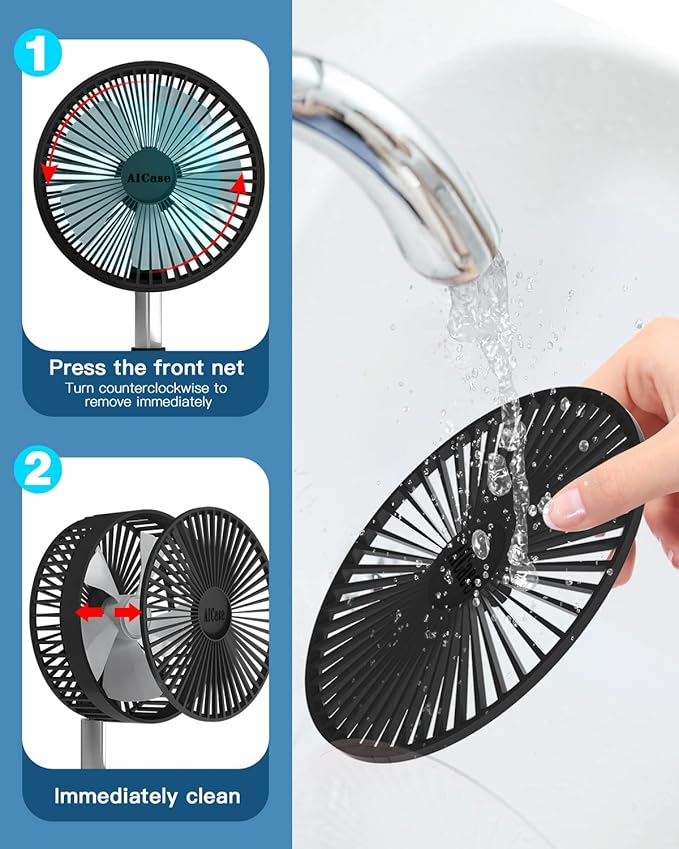 AICase Stand Fan,Folding Portable Telescopic Floor/USB Desk Fan with 7200mAh Rechargeable Battery,4 Speeds Super Quiet Adjustable Height and Head Great for Office Home Outdoor Camping-Black