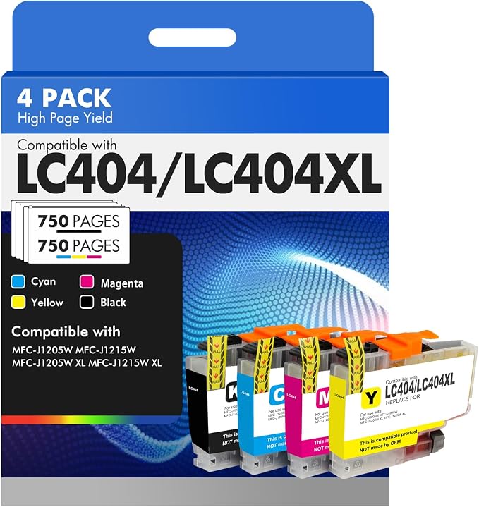 LC404 LC404XL Ink Cartridges for Brother Printer 404 XL LC 404XL for MFC-J1205W MFC-J1215W MFC J1205W J1215W 4 Pack High Yields Black Cyan Magenta Yellow