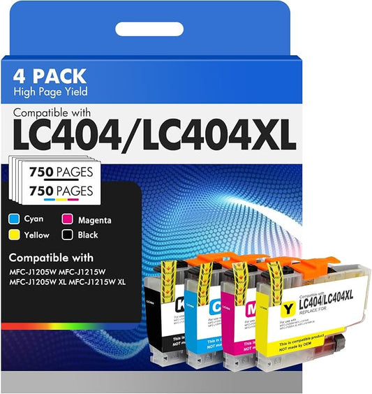 LC404 LC404XL Ink Cartridges for Brother Printer 404 XL LC 404XL for MFC-J1205W MFC-J1215W MFC J1205W J1215W 4 Pack High Yields Black Cyan Magenta Yellow