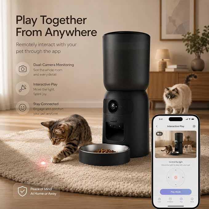 Automatic Cat Feeder with Camera, 2K WiFi Smart Pet Feeder with App Control, 6L Cat Food Dispenser, AI Pet Monitoring, Portion Control Automatic Pet Feeder for Cats & Dogs, Motion Tracking, Dual Power
