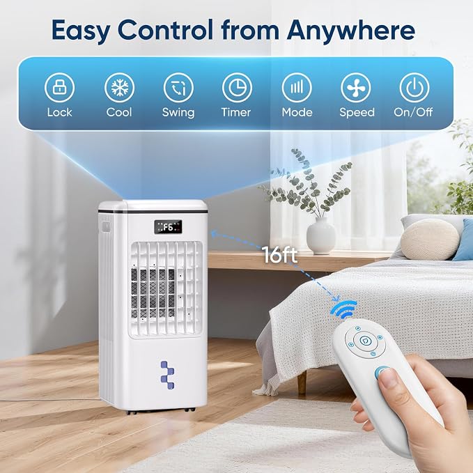 4-in-1 Evaporative Air Cooler, Portable Air Conditioner Fan, Swamp Cooler with 2-Gallon Tank, 16ft/s Remote Control, Quiet Windowless Air Cooler for Home Office Bedroom