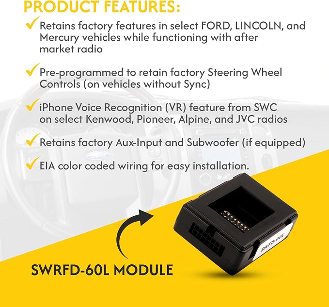 Crux SWRFD-60L Radio Replacement Interface retains Steering Wheel Control functionality on Select Ford, Lincoln & Mercury Vehicles (2004-2012)