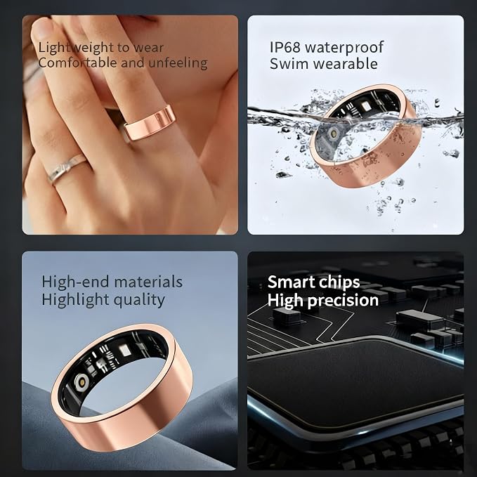 Smart Ring for Women Men, Fitness & Health Tracker with Vital Signs Monitoring, Sleep Tracker, Remote Photography, No Subscription(Gold,8#)