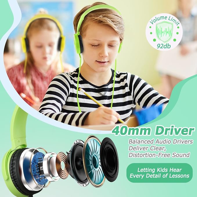 2 Pack Kids Headphones for School Classroom K-12, Swivel Foldable, HD Stereo, 3.5mm Jack Wired Headphone for Kids Children Student (Blue+Pink)