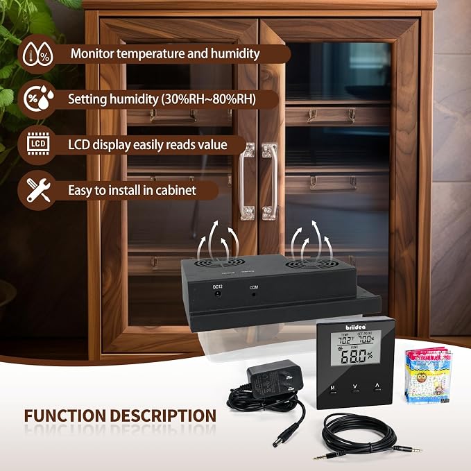 Briidea Electric Humidifiers for Cabinet (1-8 Cubic Ft.), 30% RH~80% RH Humidity Setting Values, Perfect Monitoring Temperature and Humidity, 12V Adapter Power Supply