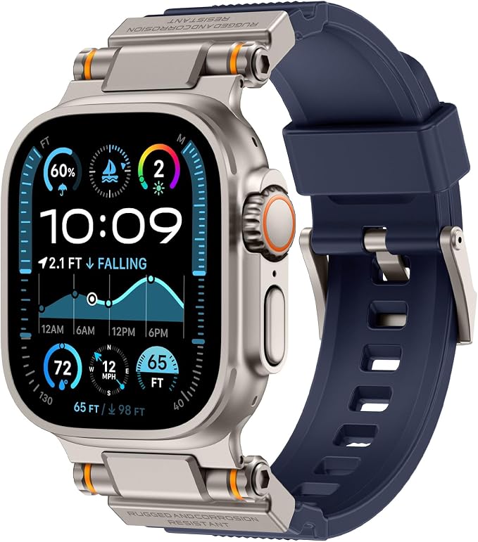FOAMUNOC Rugged Band Compatible with Apple Watch Ultra 3/2/1 Band 49mm/46mm/45mm/44mm/42mm, Metal Connector with Strap for iWatch Ultra Series 11/10/9/8/7/6/SE3/SE2/SE/5/4/3/2/1, Navy Blue/Titanium