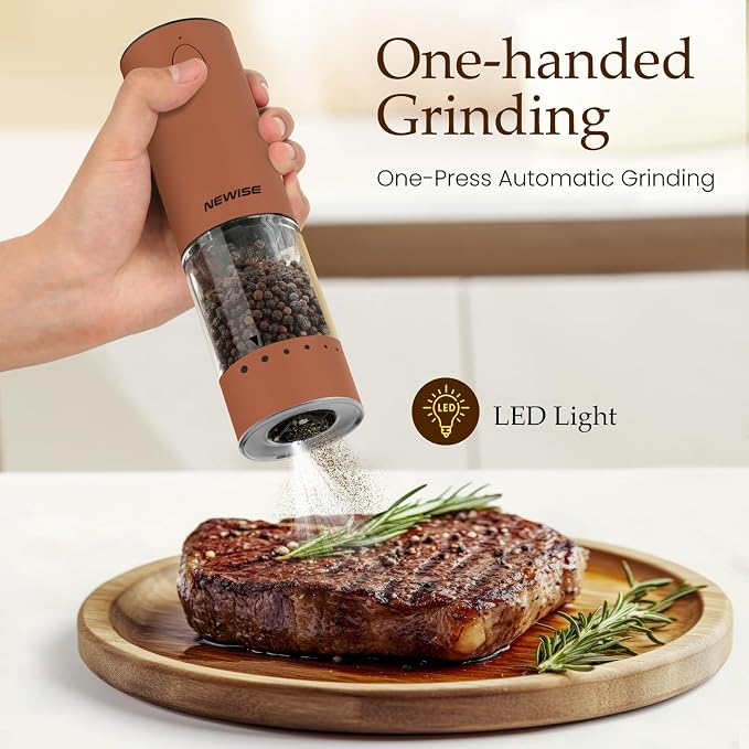 Newise Electric Salt and Pepper Grinder Set Rechargeable with LED Lights, Automatic Pepper & Salt Mill, Adjustable Coarseness, Large Capacity, Brown