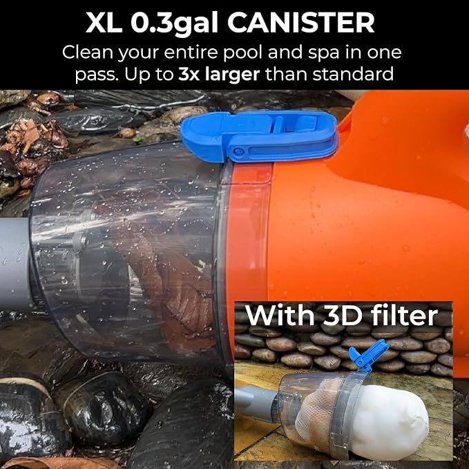 24V Cordless Handheld Pool Vacuum - 43,000Pa Hyper Suction, 3-Stage 3D Fiber Ball Micro-Filtration, Fine Filter, XL 0.3gal Canister, 7ft Pole & 2 Heads, for Inground & Above Ground Pools, Spas
