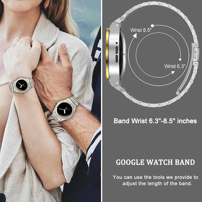SUPLINK Stainless Steel Case and Bands Compatible with Google Pixel Watch 2/3 41mm Bands, Metal Strap Protective Bumper for Google Watch Band Men, Silver Gold