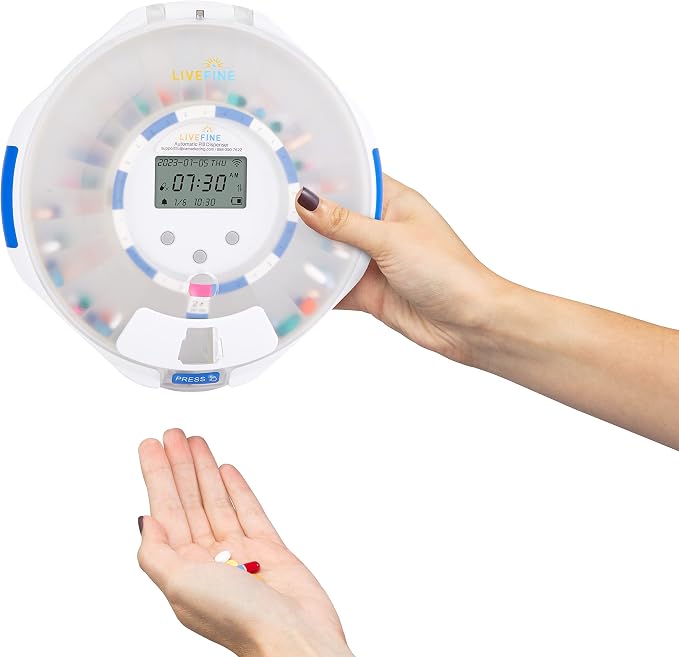 Live Fine Smart WiFi Automatic Pill Dispenser Frosted Lid | 28-Day Medication Organizer Up to 9 Doses Per Day for Care Monitoring with Lock Key, Light/Sound Alarms for Prescriptions & Vitamins