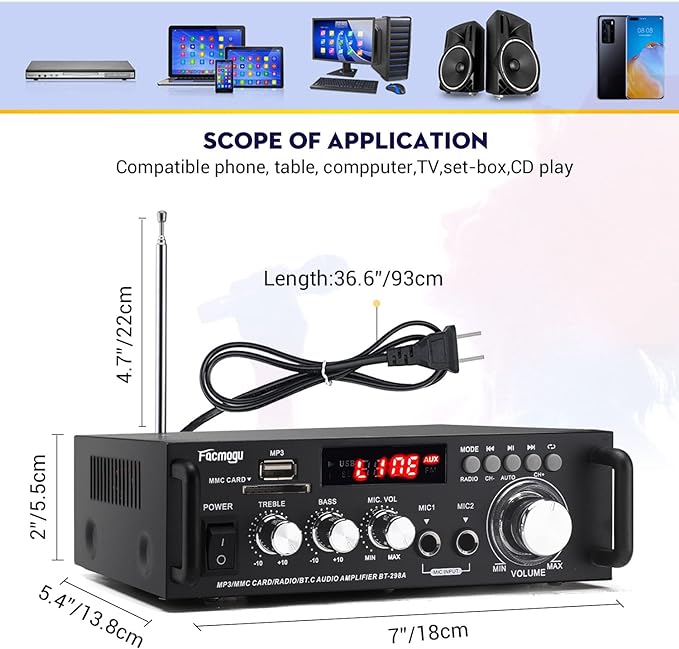 Facmogu 298A Max 300Wx2 Wireless Bluetooth 5.0 Stereo Audio Amplifier, RMS 40Wx2 Power Amp 2 Channel Stereo Receiver for Home Theater Speakers, Bass & Treble Control, USB/SD/RCA/MIC/FM in, Remote
