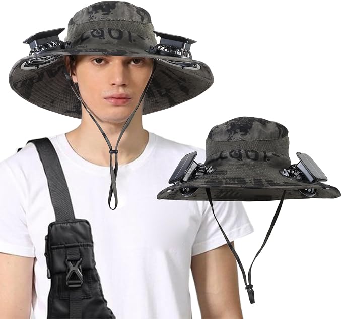 Outdoor Solar Powered Fan Hat for Men Women Breathable Wide Brim Hat with 2 Fans UPF 50+ Fishing Hat Beach Bucket Sun Hat