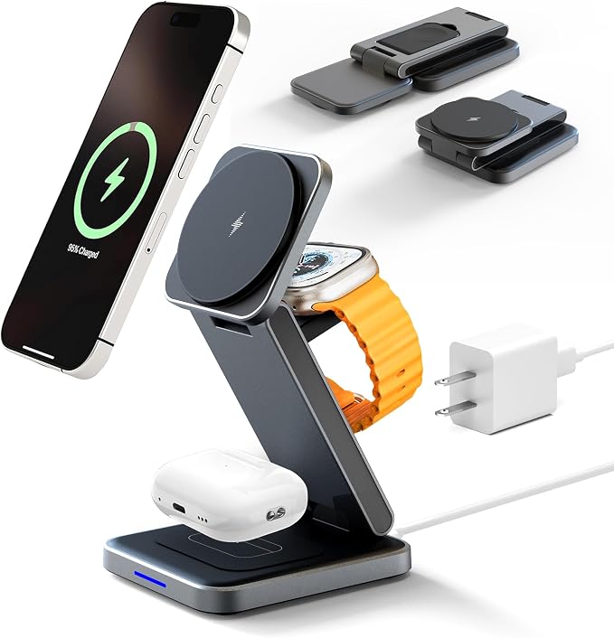 SIMPKEELY 3-in-1 Magnetic Wireless Charging Station, 15W Fast Charger Stand for iPhone/Apple Watch/AirPods, Foldable Design (Gray)